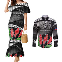 Personalised Samoa 685 Couples Matching Mermaid Dress and Long Sleeve Button Shirt Teuila Flower With Black Samoan Tattoo LT9 Black - Polynesian Pride
