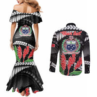 Personalised Samoa 685 Couples Matching Mermaid Dress and Long Sleeve Button Shirt Teuila Flower With Black Samoan Tattoo LT9 - Polynesian Pride