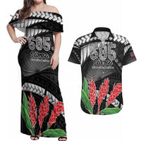 Personalised Samoa 685 Couples Matching Off Shoulder Maxi Dress and Hawaiian Shirt Teuila Flower With Black Samoan Tattoo LT9 Black - Polynesian Pride