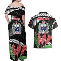 Personalised Samoa 685 Couples Matching Off Shoulder Maxi Dress and Hawaiian Shirt Teuila Flower With Black Samoan Tattoo LT9 - Polynesian Pride