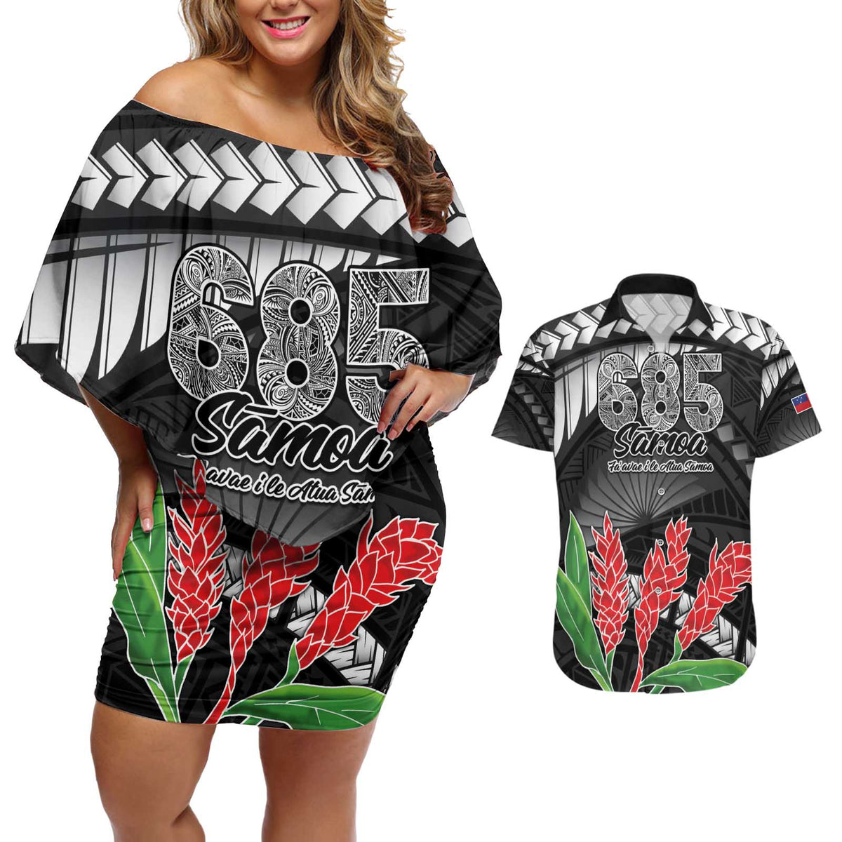 Personalised Samoa 685 Couples Matching Off Shoulder Short Dress and Hawaiian Shirt Teuila Flower With Black Samoan Tattoo LT9 Black - Polynesian Pride