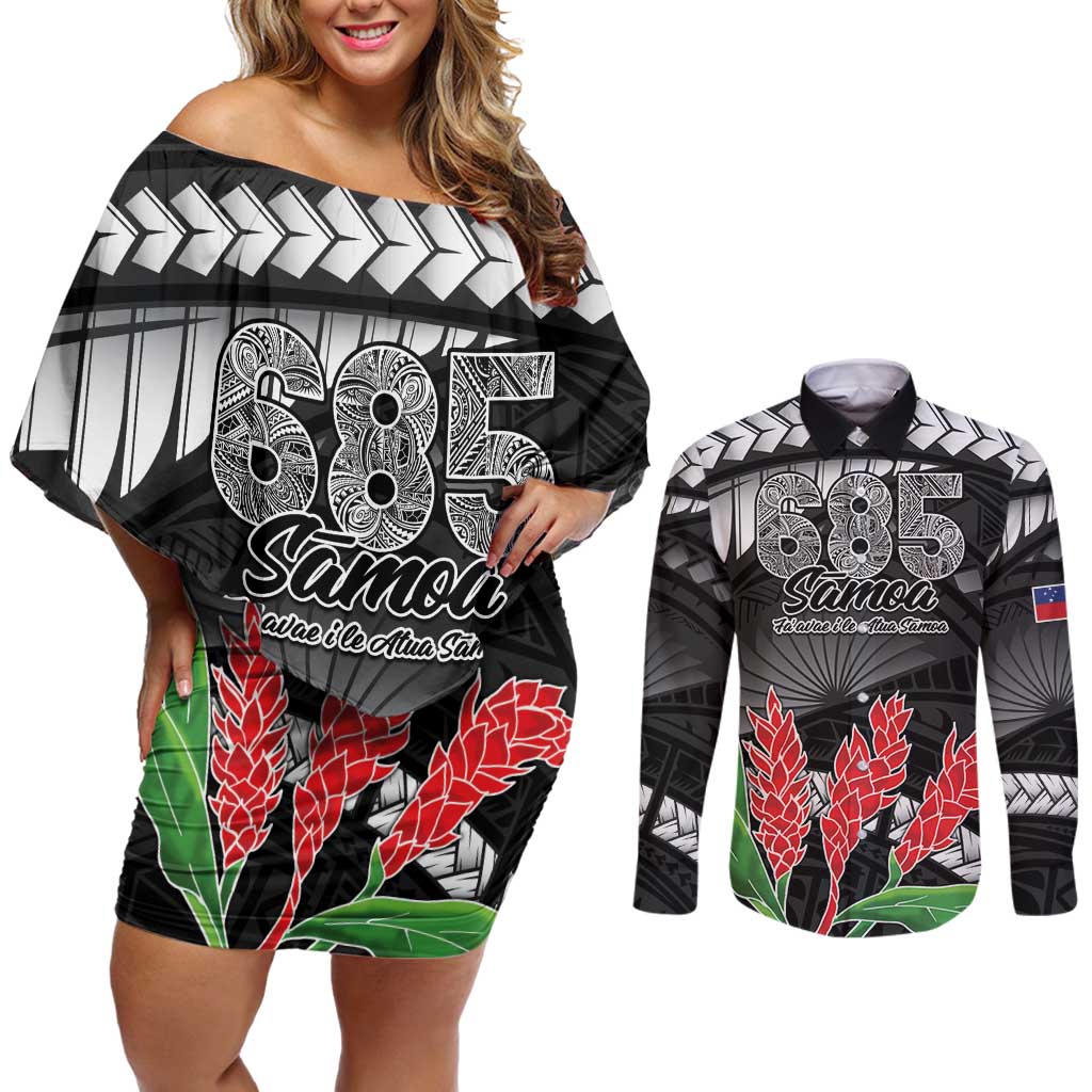 Personalised Samoa 685 Couples Matching Off Shoulder Short Dress and Long Sleeve Button Shirt Teuila Flower With Black Samoan Tattoo LT9 Black - Polynesian Pride