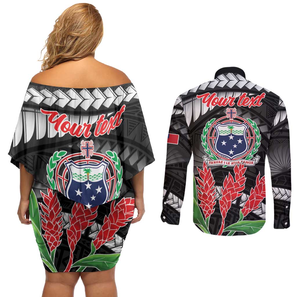 Personalised Samoa 685 Couples Matching Off Shoulder Short Dress and Long Sleeve Button Shirt Teuila Flower With Black Samoan Tattoo LT9 - Polynesian Pride