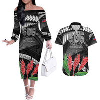 Personalised Samoa 685 Couples Matching Off The Shoulder Long Sleeve Dress and Hawaiian Shirt Teuila Flower With Black Samoan Tattoo LT9 Black - Polynesian Pride