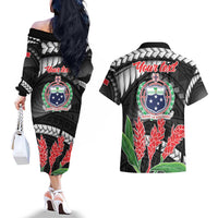 Personalised Samoa 685 Couples Matching Off The Shoulder Long Sleeve Dress and Hawaiian Shirt Teuila Flower With Black Samoan Tattoo LT9 - Polynesian Pride