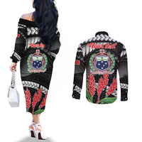 Personalised Samoa 685 Couples Matching Off The Shoulder Long Sleeve Dress and Long Sleeve Button Shirt Teuila Flower With Black Samoan Tattoo LT9 - Polynesian Pride