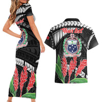 Personalised Samoa 685 Couples Matching Short Sleeve Bodycon Dress and Hawaiian Shirt Teuila Flower With Black Samoan Tattoo LT9 - Polynesian Pride