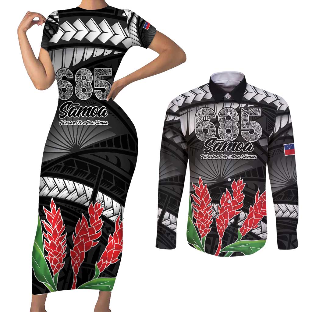 Personalised Samoa 685 Couples Matching Short Sleeve Bodycon Dress and Long Sleeve Button Shirt Teuila Flower With Black Samoan Tattoo LT9 Black - Polynesian Pride
