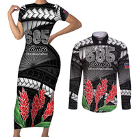 Personalised Samoa 685 Couples Matching Short Sleeve Bodycon Dress and Long Sleeve Button Shirt Teuila Flower With Black Samoan Tattoo LT9 Black - Polynesian Pride