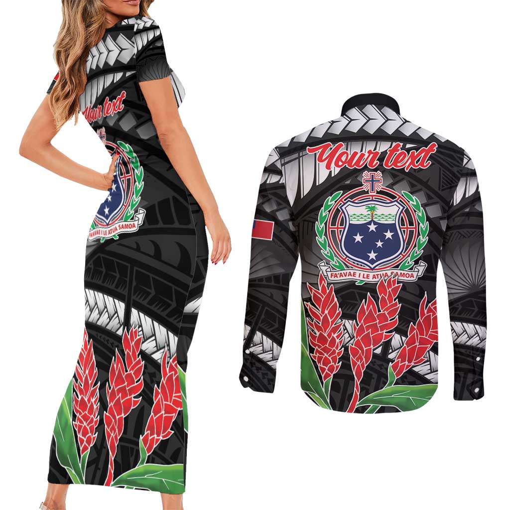 Personalised Samoa 685 Couples Matching Short Sleeve Bodycon Dress and Long Sleeve Button Shirt Teuila Flower With Black Samoan Tattoo LT9 - Polynesian Pride