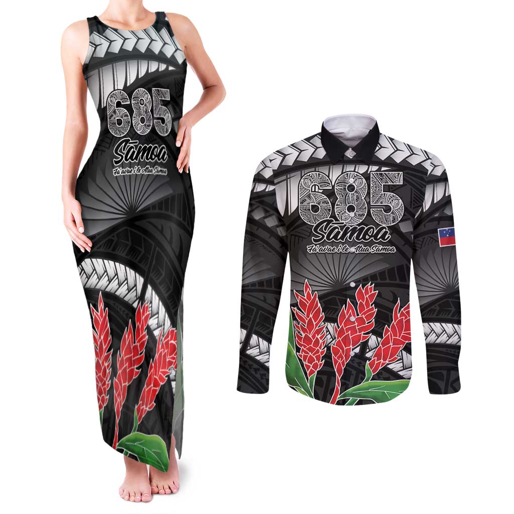 Personalised Samoa 685 Couples Matching Tank Maxi Dress and Long Sleeve Button Shirt Teuila Flower With Black Samoan Tattoo LT9 Black - Polynesian Pride