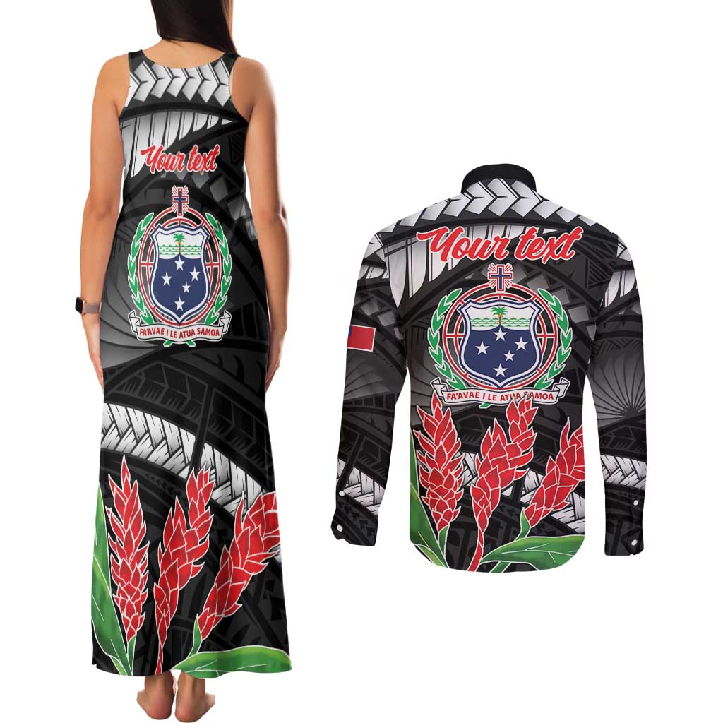 Personalised Samoa 685 Couples Matching Tank Maxi Dress and Long Sleeve Button Shirt Teuila Flower With Black Samoan Tattoo LT9 - Polynesian Pride