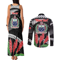 Personalised Samoa 685 Couples Matching Tank Maxi Dress and Long Sleeve Button Shirt Teuila Flower With Black Samoan Tattoo LT9 - Polynesian Pride