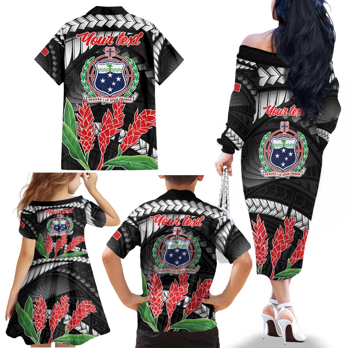 Personalised Samoa 685 Family Matching Off The Shoulder Long Sleeve Dress and Hawaiian Shirt Teuila Flower With Black Samoan Tattoo LT9 - Polynesian Pride