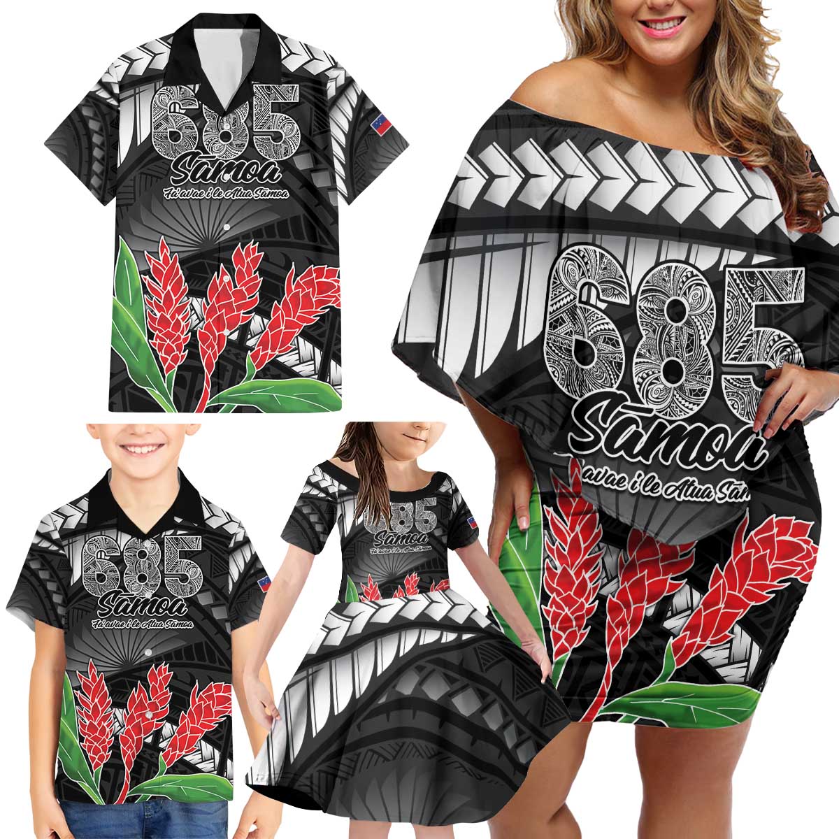 Personalised Samoa 685 Family Matching Off Shoulder Short Dress and Hawaiian Shirt Teuila Flower With Black Samoan Tattoo LT9 - Polynesian Pride