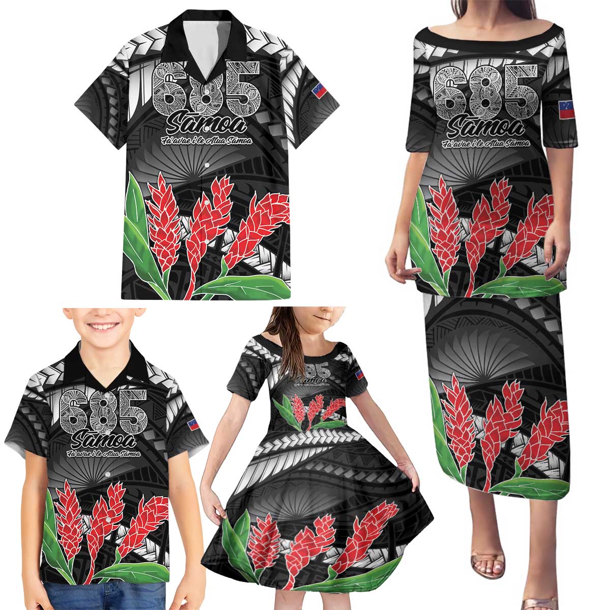Personalised Samoa 685 Family Matching Puletasi and Hawaiian Shirt Teuila Flower With Black Samoan Tattoo LT9 - Polynesian Pride