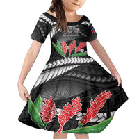 Personalised Samoa 685 Family Matching Short Sleeve Bodycon Dress and Hawaiian Shirt Teuila Flower With Black Samoan Tattoo LT9 Daughter's Dress Black - Polynesian Pride