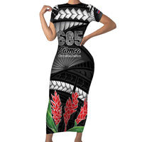 Personalised Samoa 685 Family Matching Short Sleeve Bodycon Dress and Hawaiian Shirt Teuila Flower With Black Samoan Tattoo LT9 Mom's Dress Black - Polynesian Pride