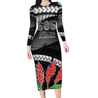 Personalised Samoa 685 Long Sleeve Bodycon Dress Teuila Flower With Black Samoan Tattoo LT9 Long Dress Black - Polynesian Pride