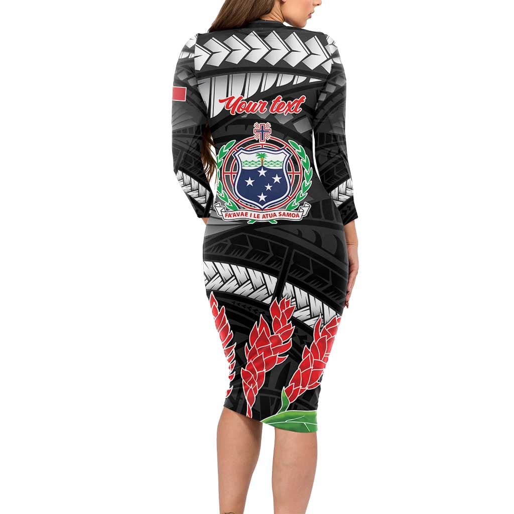 Personalised Samoa 685 Long Sleeve Bodycon Dress Teuila Flower With Black Samoan Tattoo LT9 - Polynesian Pride