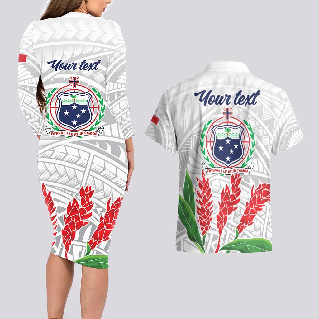 Personalised Samoa 685 Couples Matching Long Sleeve Bodycon Dress and Hawaiian Shirt Teuila Flower With White Samoan Tattoo LT9 - Polynesian Pride