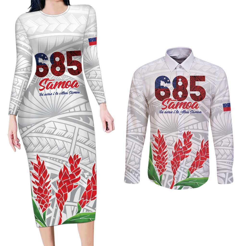 Personalised Samoa 685 Couples Matching Long Sleeve Bodycon Dress and Long Sleeve Button Shirt Teuila Flower With White Samoan Tattoo LT9 White - Polynesian Pride