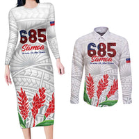Personalised Samoa 685 Couples Matching Long Sleeve Bodycon Dress and Long Sleeve Button Shirt Teuila Flower With White Samoan Tattoo LT9 White - Polynesian Pride