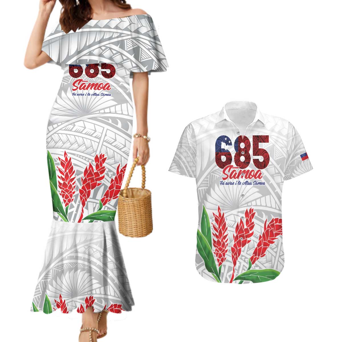 Personalised Samoa 685 Couples Matching Mermaid Dress and Hawaiian Shirt Teuila Flower With White Samoan Tattoo LT9 White - Polynesian Pride