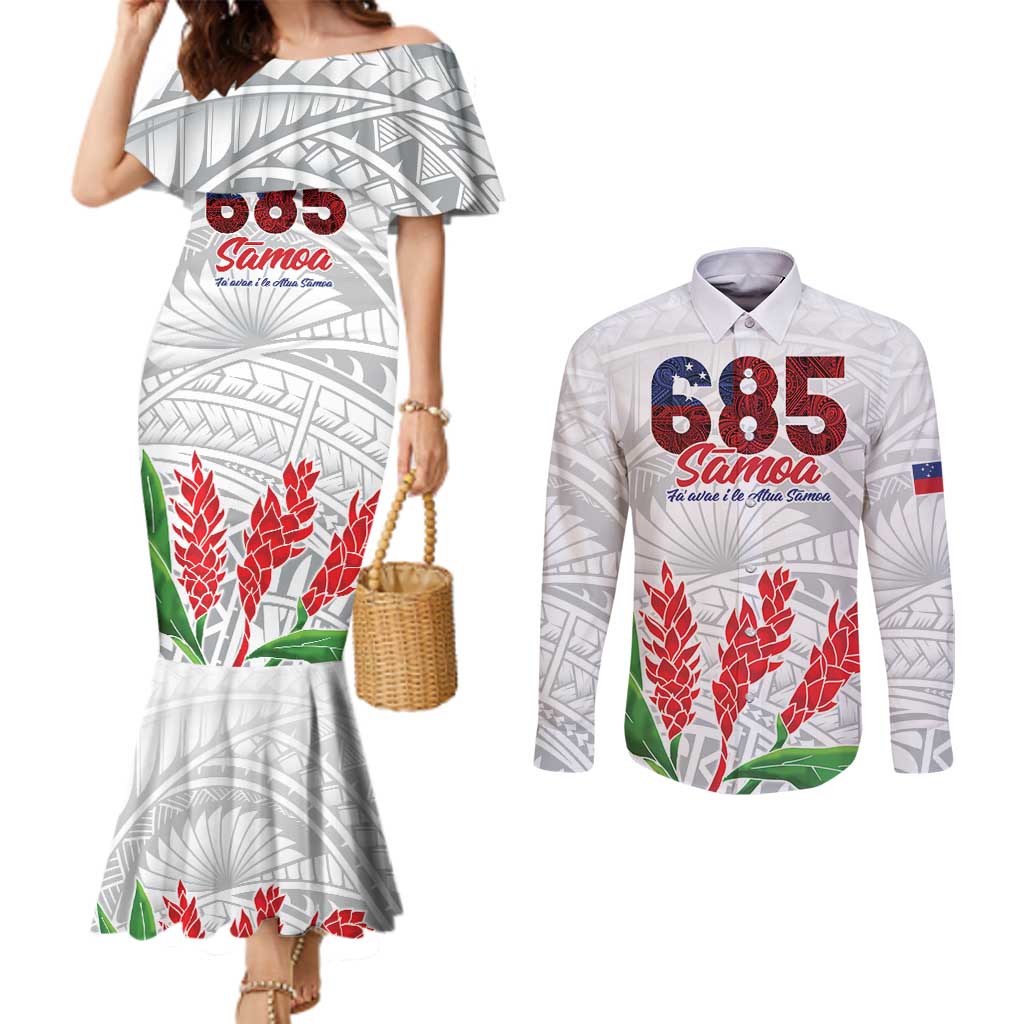Personalised Samoa 685 Couples Matching Mermaid Dress and Long Sleeve Button Shirt Teuila Flower With White Samoan Tattoo LT9 White - Polynesian Pride