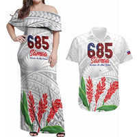 Personalised Samoa 685 Couples Matching Off Shoulder Maxi Dress and Hawaiian Shirt Teuila Flower With White Samoan Tattoo LT9 White - Polynesian Pride