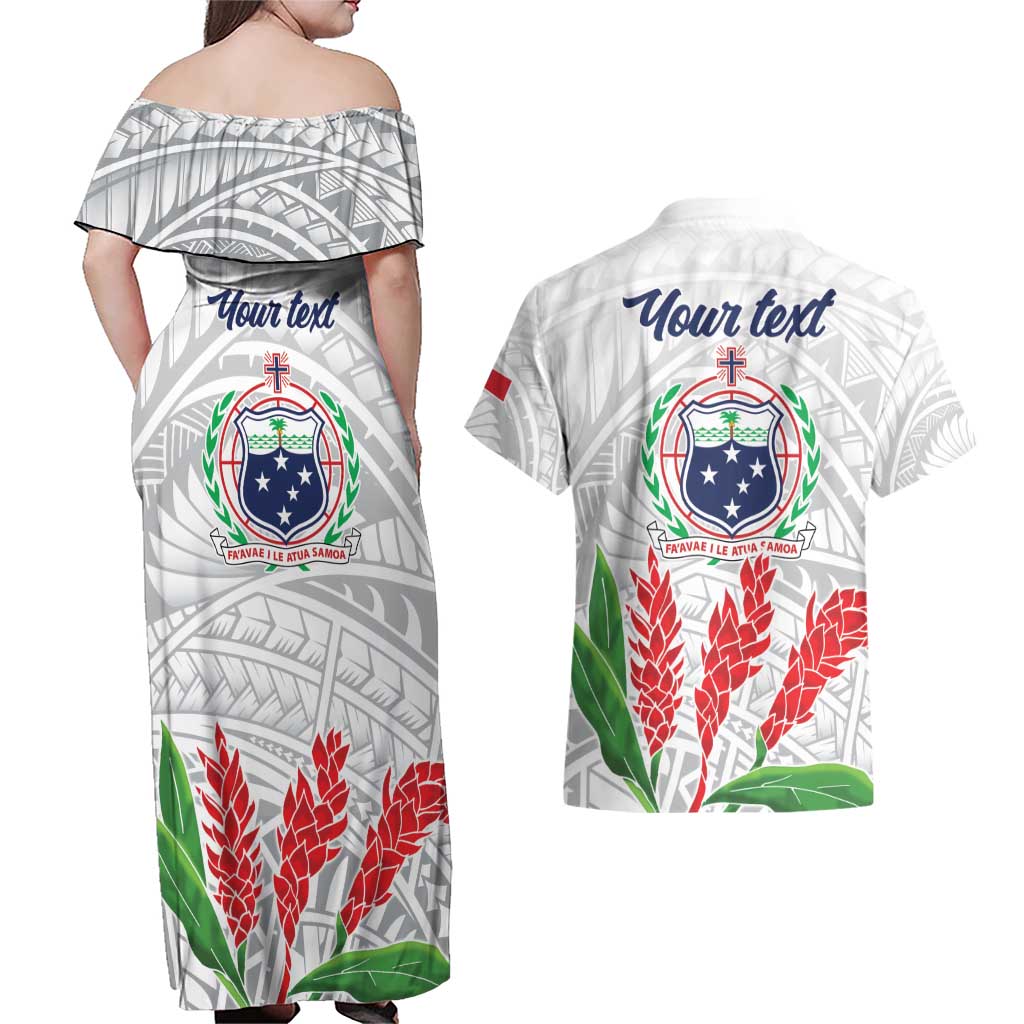Personalised Samoa 685 Couples Matching Off Shoulder Maxi Dress and Hawaiian Shirt Teuila Flower With White Samoan Tattoo LT9 - Polynesian Pride