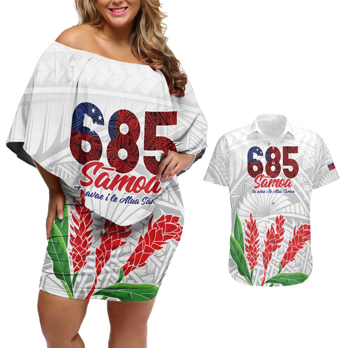 Personalised Samoa 685 Couples Matching Off Shoulder Short Dress and Hawaiian Shirt Teuila Flower With White Samoan Tattoo LT9 White - Polynesian Pride
