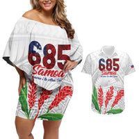 Personalised Samoa 685 Couples Matching Off Shoulder Short Dress and Hawaiian Shirt Teuila Flower With White Samoan Tattoo LT9 White - Polynesian Pride