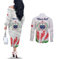 Personalised Samoa 685 Couples Matching Off The Shoulder Long Sleeve Dress and Long Sleeve Button Shirt Teuila Flower With White Samoan Tattoo LT9 - Polynesian Pride