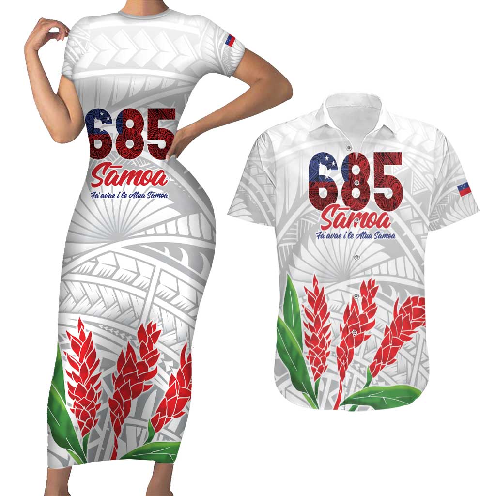 Personalised Samoa 685 Couples Matching Short Sleeve Bodycon Dress and Hawaiian Shirt Teuila Flower With White Samoan Tattoo LT9 White - Polynesian Pride