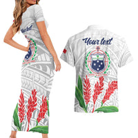 Personalised Samoa 685 Couples Matching Short Sleeve Bodycon Dress and Hawaiian Shirt Teuila Flower With White Samoan Tattoo LT9 - Polynesian Pride