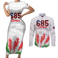 Personalised Samoa 685 Couples Matching Short Sleeve Bodycon Dress and Long Sleeve Button Shirt Teuila Flower With White Samoan Tattoo LT9 White - Polynesian Pride