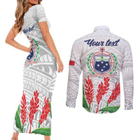 Personalised Samoa 685 Couples Matching Short Sleeve Bodycon Dress and Long Sleeve Button Shirt Teuila Flower With White Samoan Tattoo LT9 - Polynesian Pride