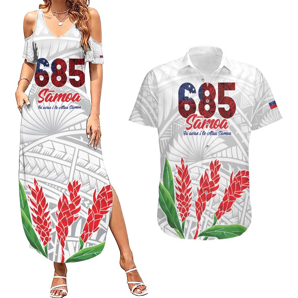Personalised Samoa 685 Couples Matching Summer Maxi Dress and Hawaiian Shirt Teuila Flower With White Samoan Tattoo LT9 White - Polynesian Pride