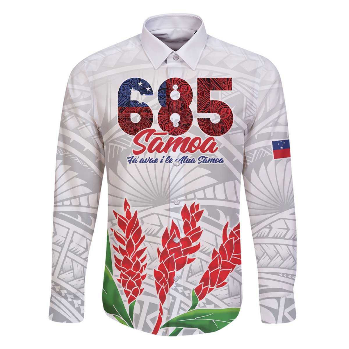 Personalised Samoa 685 Family Matching Off The Shoulder Long Sleeve Dress and Hawaiian Shirt Teuila Flower With White Samoan Tattoo LT9 Dad's Shirt - Long Sleeve White - Polynesian Pride