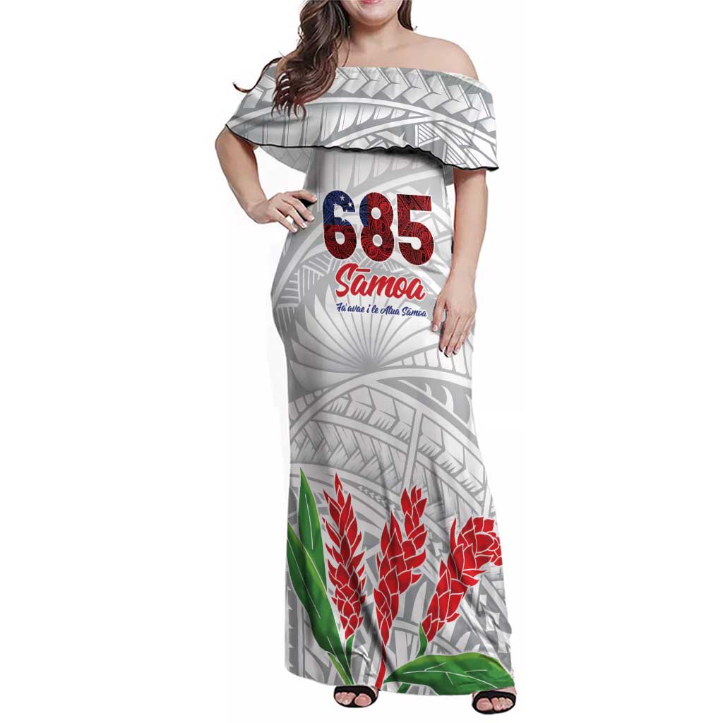 Personalised Samoa 685 Family Matching Off Shoulder Maxi Dress and Hawaiian Shirt Teuila Flower With White Samoan Tattoo LT9 Mom's Dress White - Polynesian Pride