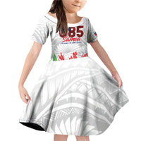 Personalised Samoa 685 Family Matching Off Shoulder Short Dress and Hawaiian Shirt Teuila Flower With White Samoan Tattoo LT9 Daughter's Dress White - Polynesian Pride