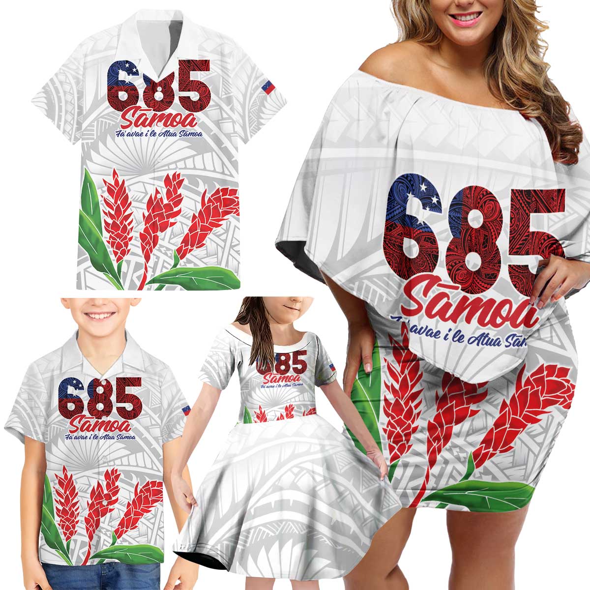 Personalised Samoa 685 Family Matching Off Shoulder Short Dress and Hawaiian Shirt Teuila Flower With White Samoan Tattoo LT9 - Polynesian Pride