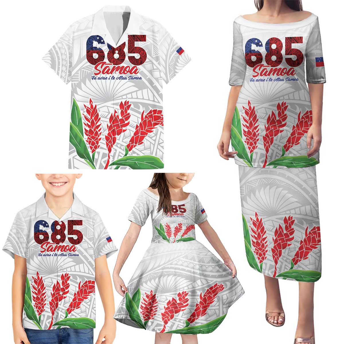 Personalised Samoa 685 Family Matching Puletasi and Hawaiian Shirt Teuila Flower With White Samoan Tattoo LT9 - Polynesian Pride