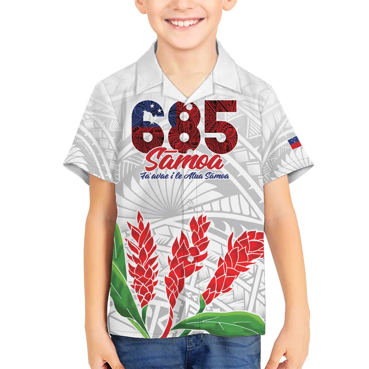 Personalised Samoa 685 Family Matching Puletasi and Hawaiian Shirt Teuila Flower With White Samoan Tattoo LT9 Son's Shirt White - Polynesian Pride