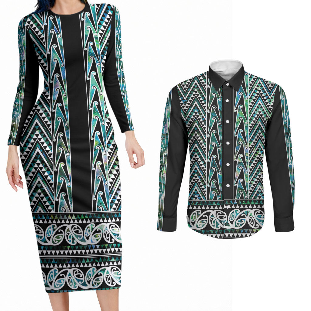 New Zealand Maori Niho Taniwha Couples Matching Long Sleeve Bodycon Dress and Long Sleeve Button Shirt Papua Shell - Mangopare Puhoro Pattern LT9 Green - Polynesian Pride