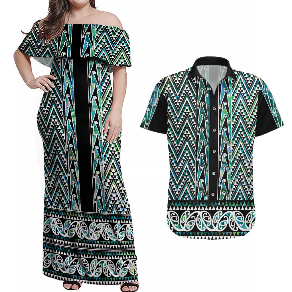 New Zealand Maori Niho Taniwha Couples Matching Off Shoulder Maxi Dress and Hawaiian Shirt Papua Shell - Mangopare Puhoro Pattern LT9 Green - Polynesian Pride