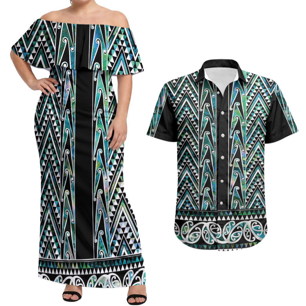 New Zealand Maori Niho Taniwha Couples Matching Off Shoulder Maxi Dress and Hawaiian Shirt Papua Shell - Mangopare Puhoro Pattern LT9 Green - Polynesian Pride