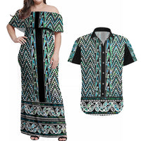 New Zealand Maori Niho Taniwha Couples Matching Off Shoulder Maxi Dress and Hawaiian Shirt Papua Shell - Mangopare Puhoro Pattern LT9 Green - Polynesian Pride