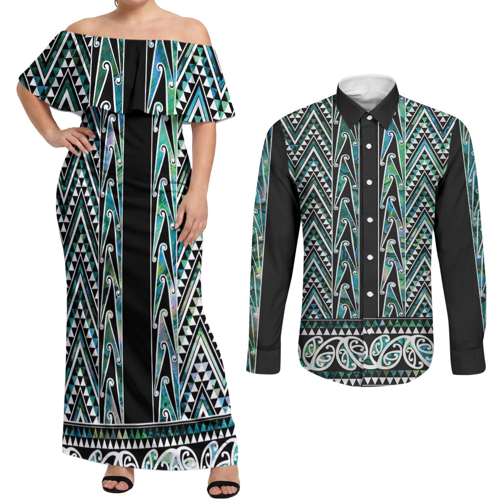 New Zealand Maori Niho Taniwha Couples Matching Off Shoulder Maxi Dress and Long Sleeve Button Shirt Papua Shell - Mangopare Puhoro Pattern LT9 Green - Polynesian Pride
